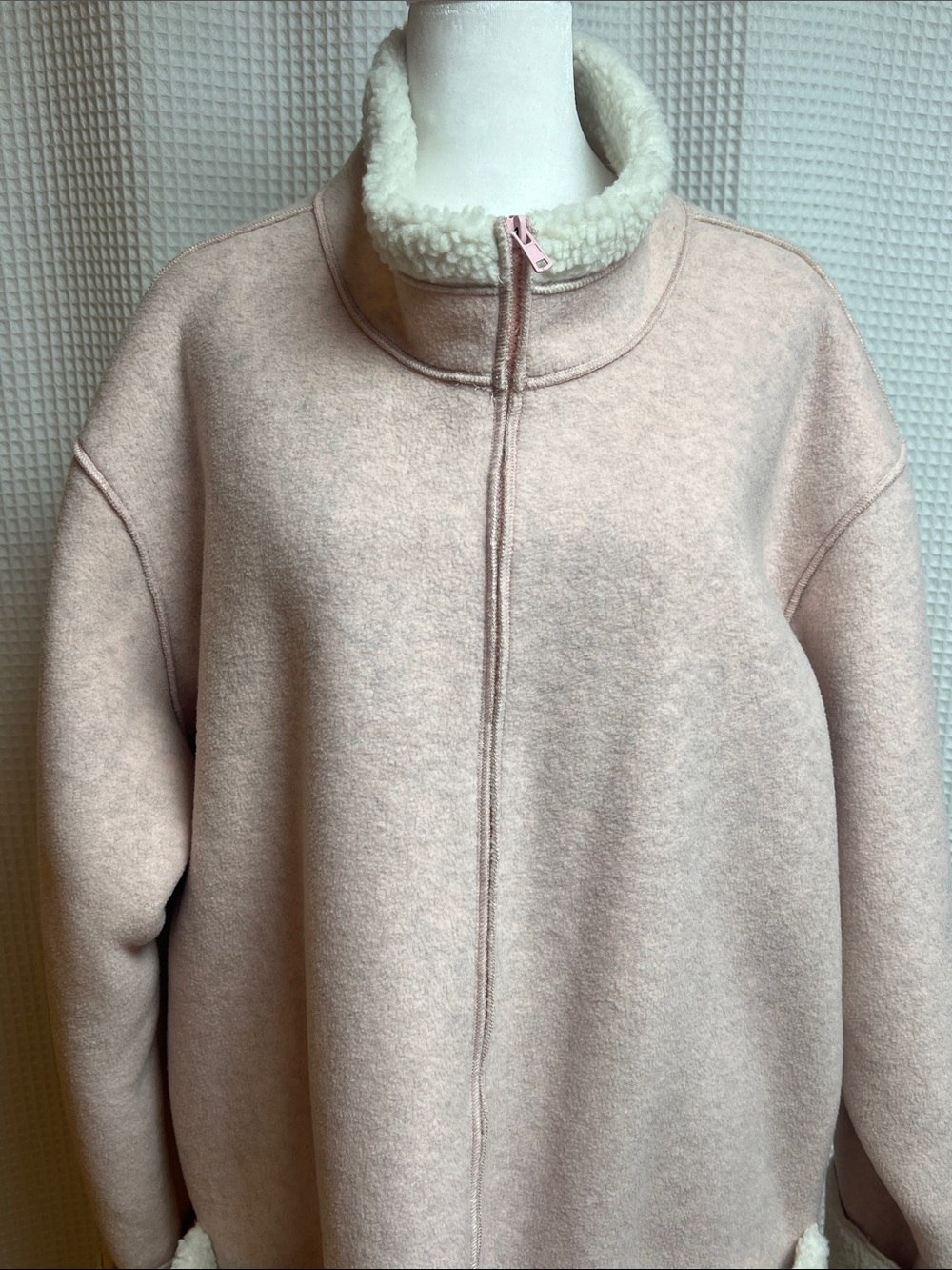 Denim&Co Sherpa Fleece cozy warm zip up jacket with front pockets 2X- light pink